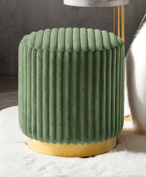 English Elm Green Fur Round Accent Stool 18"H Channel‑Tufted Velvet Look Upholstery Gold Stainless Base Modern Luxe B2741P388369