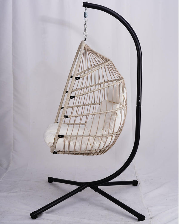 English Elm Outdoor Egg Hanging Chair with Stand - Light Gray Wicker Hammock, 350lb Steel Frame, Cozy Washable Cushions W2500P262991