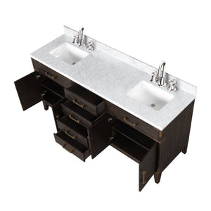 English Elm Brown Oak 72in Double Bath Vanity with Carrara Marble Top, Soft-Close Storage & Chrome Faucet Set B2731P259883