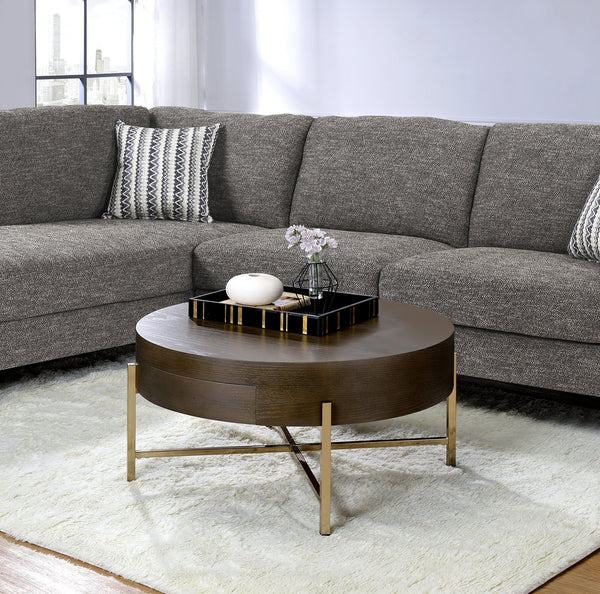 English Elm Light Brown Drum Coffee Table with Single Drawer and Champagne Base — Oak Veneer, Modern Storage Elegance B062P209129