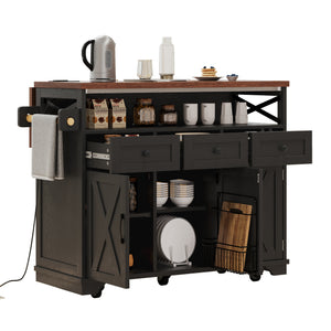 English Elm K&K 46.5'' Farmhouse Kitchen Island Cart with Beaded Drapes, Drop Leaf, Power Hub, Ample Storage Black N707P254872B