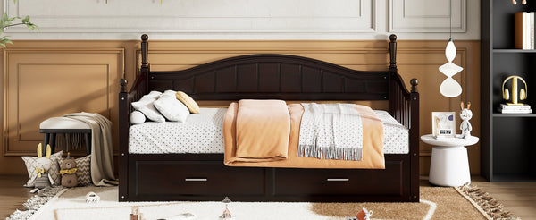 English Elm Wooden Twin Daybed with Trundle and Two Storage Drawers, Solid MDF Frame, Guardrails for Safety and Style Espresso 43.5 L x 24.75 W x 6 H N733S173459P