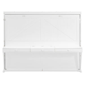 English Elm Queen Murphy Bed Cabinet with Vanity Desk Hydraulic Lift Mirror Distressed Finish White LP000766AAK-1
