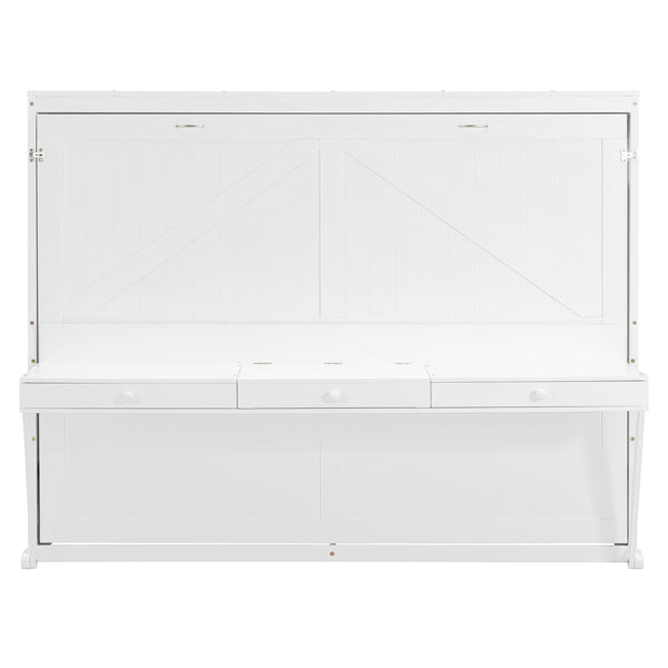 English Elm Queen Murphy Bed Cabinet with Vanity Desk Hydraulic Lift Mirror Distressed Finish White LP000766AAK-1