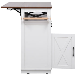 English Elm K&K 46.5'' Farmhouse Kitchen Island Cart with Beaded Drapes, Drop Leaf, Power Hub, Ample Storage White N707P254872W