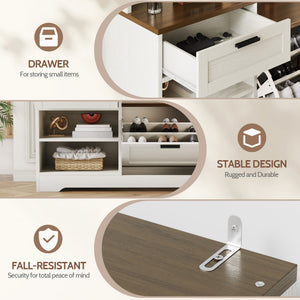 English Elm Hall Tree Entryway Organizer with Bench Seat Shoe Cabinet and Coat Hooks Mdf Farmhouse White+Walnut T5618P448218