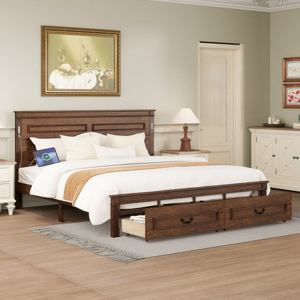 English Elm King Pine Wood Storage Bed with Led Lighting Usb Charging Tall Panel Headboard Walnut W504S00270