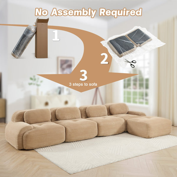 English Elm 4-seat Modular Corduroy Sectional Sofa with Curved Armrests for Living Rooms Camel W714S01244