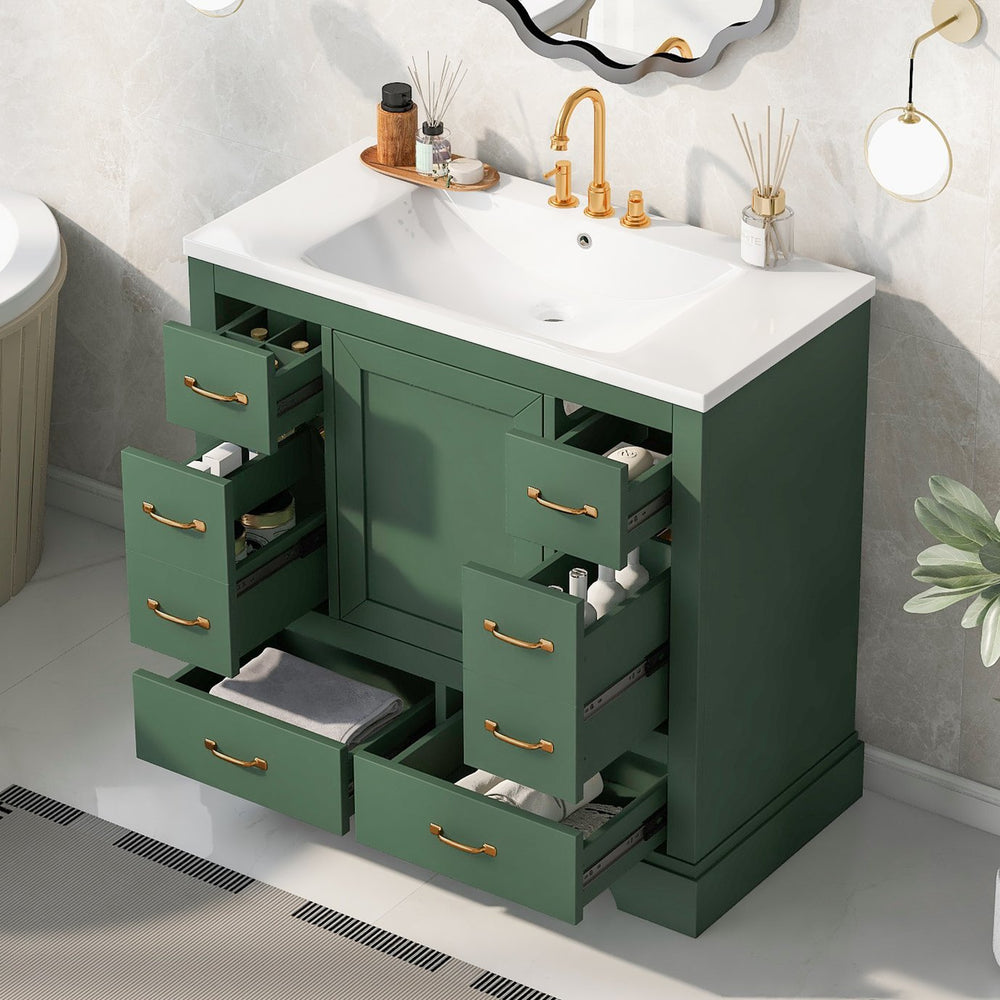 English Elm 36" Modern Bathroom Vanity with Ceramic Sink, Six Drawers, Adjustable Shelf, Solid Wood Build Green SY999808AAF-6