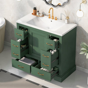 English Elm 36" Modern Bathroom Vanity with Ceramic Sink, Six Drawers, Adjustable Shelf, Solid Wood Build Green SY999808AAF-6