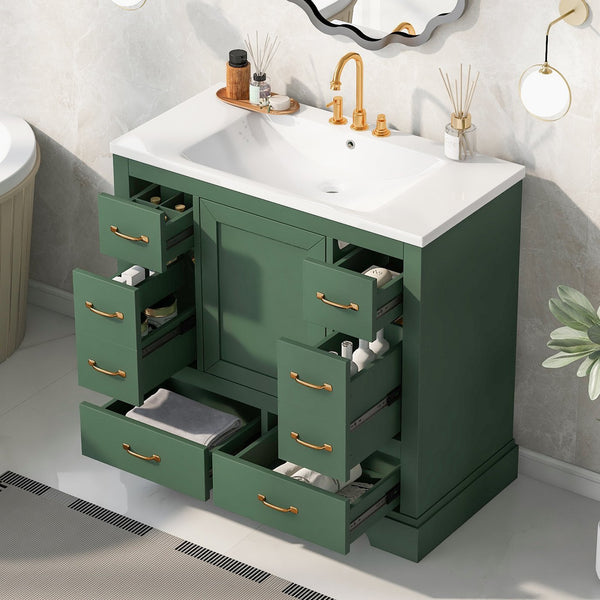 English Elm 36" Modern Bathroom Vanity with Ceramic Sink, Six Drawers, Adjustable Shelf, Solid Wood Build Green SY999808AAF-6
