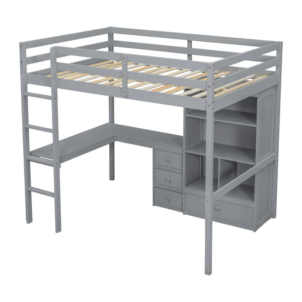 English Elm Full Size Loft Bed With Desk, Storage Solutions, Built-In Ladder & Guardrails For Safe Use In Grey W504S00160
