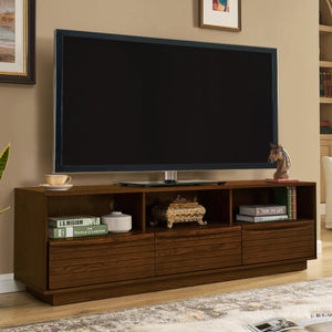 English Elm 63" Mid-Century Modern TV Stand for TVs up to 75" - Walnut Louver Media Console with Solid Wood Drawers, Outlet Holes, Spacious Storage and Durable P2 MDF Finish W1801P288509