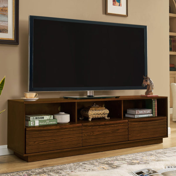 English Elm 63" Mid-Century Modern TV Stand for TVs up to 75" - Walnut Louver Media Console with Solid Wood Drawers, Outlet Holes, Spacious Storage and Durable P2 MDF Finish W1801P288509