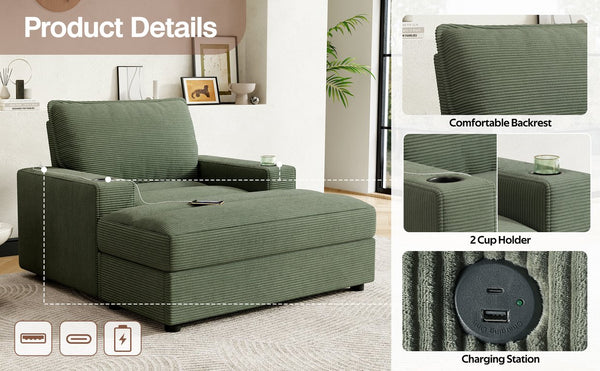 English Elm Christopher Knight Home® - 42.8" Oversized Chaise Lounge with Storage Ottoman, Corduroy Upholstery, USB Port & Cup Holders for Cozy Living Space Green N765P350851N
