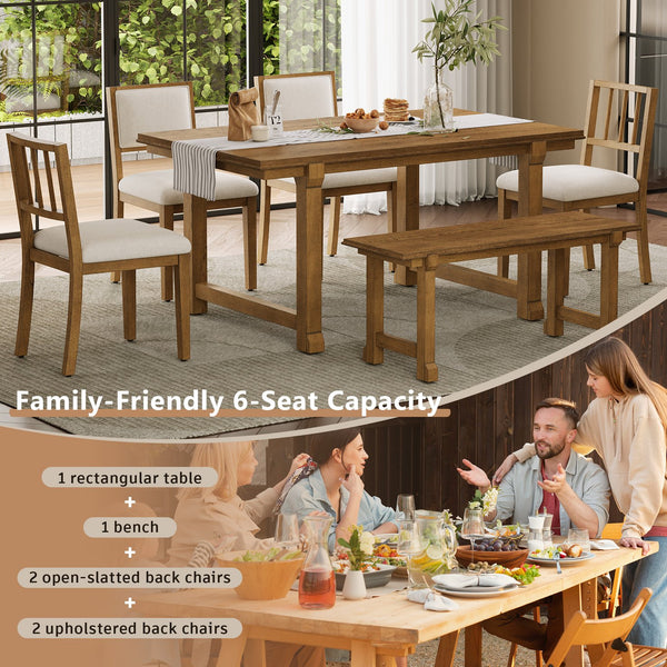 English Elm Trexm Farmhouse Dining Set Seats Six Oak Veneer Table Mixed Chairs Bench Included Beige,Walnut ST000156AAD