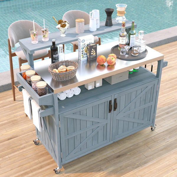 English Elm K&K 53.3" Outdoor Kitchen Island with 1.2" Stainless Top, Spacious Storage, Raised Shelf, Wheels Grey+Blue N707P250628G