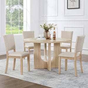 English Elm 47.3" Round Oak Dining Set Seats Four with Linen Upholstered Chairs for Modern Kitchens W1998S00087