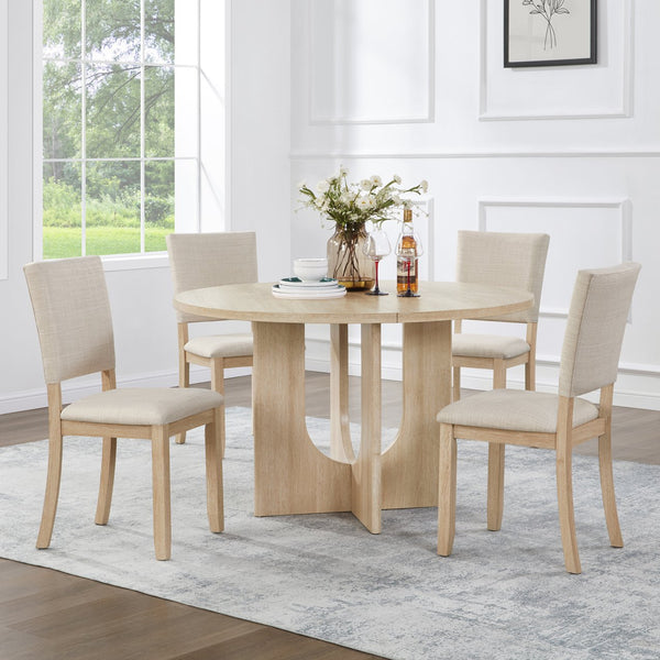 English Elm 47.3" Round Oak Dining Set Seats Four with Linen Upholstered Chairs for Modern Kitchens W1998S00087