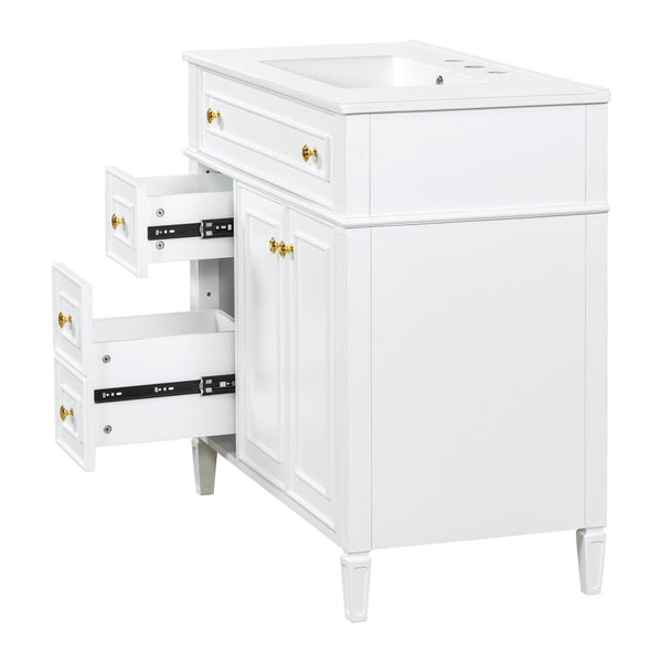 English Elm 36 Inch Freestanding Bathroom Vanity Sage Pine Cabinet Gold Hardware Ceramic Sink White N725P366468K