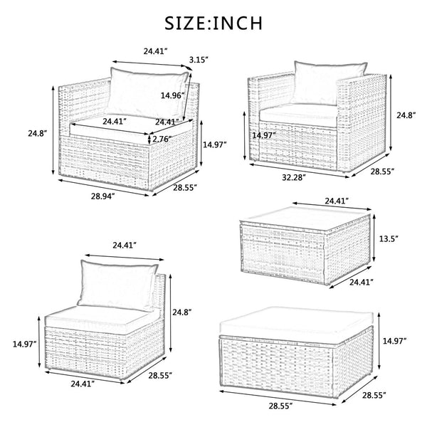 English Elm Patio 6-Piece Pe Wicker Furniture Set With Glass Coffee Table – Stylish Outdoor Seating For Relaxation W1703S00025-GIGA