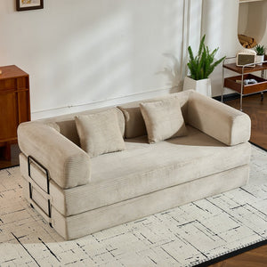 English Elm Convertible Sleeper Sofa Bed with Corduroy Upholstery, 4‑in‑1 Folding Couch Mattress, Space‑Saving Lounge Beige W3434P346244