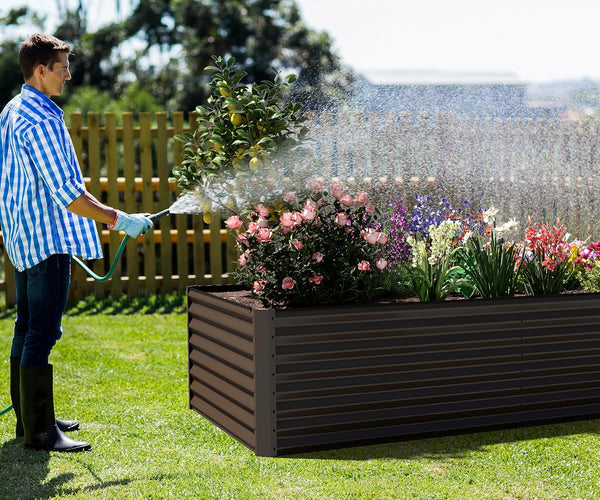 English Elm 6x3x1.5ft Galvanized Steel Raised Garden Bed Deep Root Planter for Yard Vegetables Brown W1859P430203