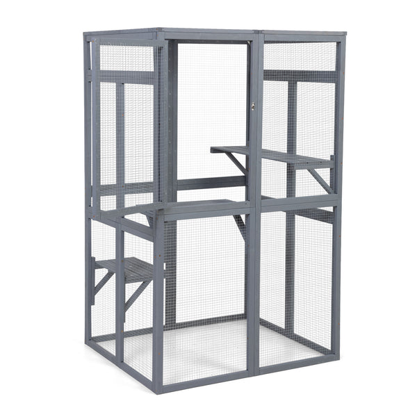 English Elm Wooden Pine Catio Outdoor Cat Enclosure with Hammock Platforms and Rain Shelter Roof W2181P191343