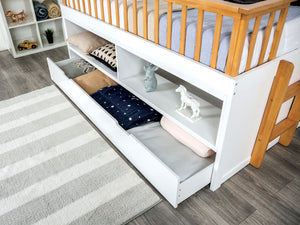 English Elm Twin Captain Bed with Trundle, White & Light Oak Transitional Frame, Built-In Shelves & Ladder — Space-Saving Twin Storage Design B2741S00491