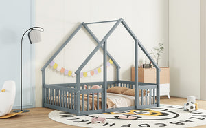 English Elm Full House-Shaped Floor Bed with Fence and Guardrails, Pine Wood Play Loft for Imaginative Kids Retreat Grey W504P143293