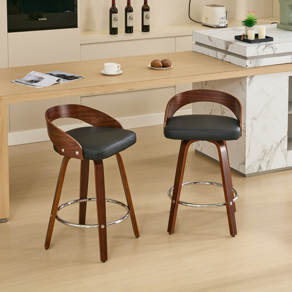 English Elm Bar Stools Set of 2 Mid-century Swivel Walnut Wood Frame with Cushioned Seat Black Pu W1143P173431
