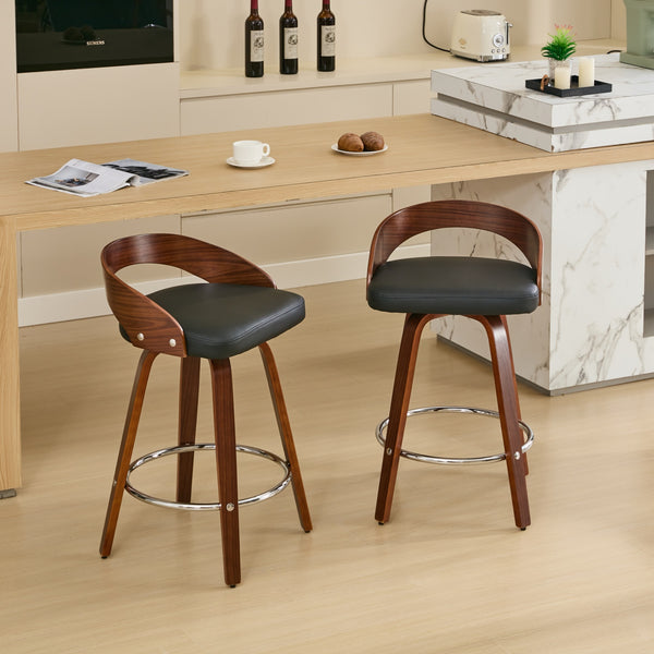 English Elm Bar Stools Set of 2 Mid-century Swivel Walnut Wood Frame with Cushioned Seat Black Pu W1143P173431
