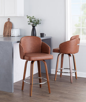 English Elm Fixed-height Swivel Counter Stools with Faux Leather Seats and Chrome Footrest Set of 2 B202S01814
