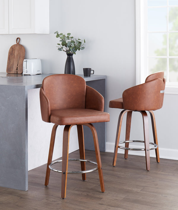 English Elm Fixed-height Swivel Counter Stools with Faux Leather Seats and Chrome Footrest Set of 2 B202S01814