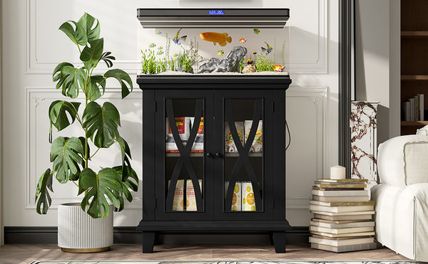 English Elm 20 Gallon Fish Tank Stand with Built-In Power Outlets & USB, Farmhouse Style Aquarium Cabinet with Adjustable Shelves and Heavy-Duty 298lb Tabletop Capacity Black N704P350196B