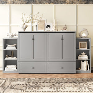 English Elm Full Size Murphy Bed With Stylish Light Gray Finish, Spacious Storage Drawers & Shelves For Versatile Spaces W1580S00252