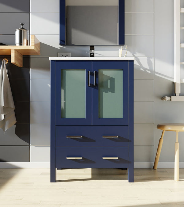 English Elm Navy Bath Vanity 24"W x18.25"D with White Ceramic Top, Chrome Faucet & 22"x32" Mirror, Durable Finish B2731S01284