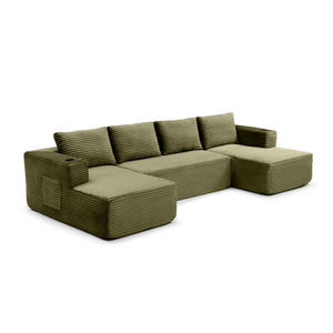 English Elm 132" Modular U-shaped Corduroy Sectional with Deep Seat Cupholders and Side Pocket W1117S00344