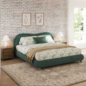 English Elm Queen Chenille Upholstered Curved Headboard Platform Bed with Oak Legs Solid Wood Slats W1716P428274