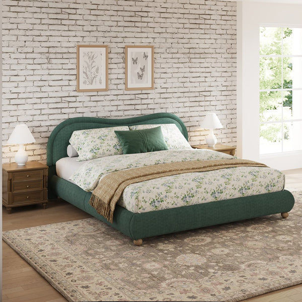 English Elm Queen Chenille Upholstered Curved Headboard Platform Bed with Oak Legs Solid Wood Slats W1716P428274