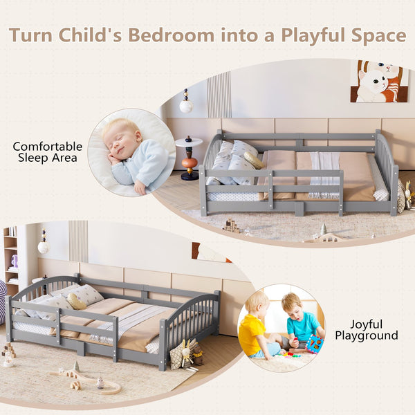 English Elm Twin Montessori Floor Bed Solid Pine Frame with Safety Guardrails for Kids Bedroom Gray N733P400298E