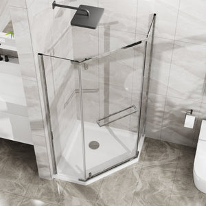 English Elm Goodyo Neo-Angle Frameless Shower Door with Acrylic Base 36"x36"x72" Tempered Glass Pivot System Chrome W1223S00025