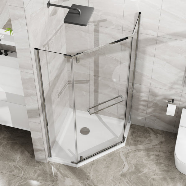 English Elm Goodyo Neo-Angle Frameless Shower Door with Acrylic Base 36"x36"x72" Tempered Glass Pivot System Chrome W1223S00025
