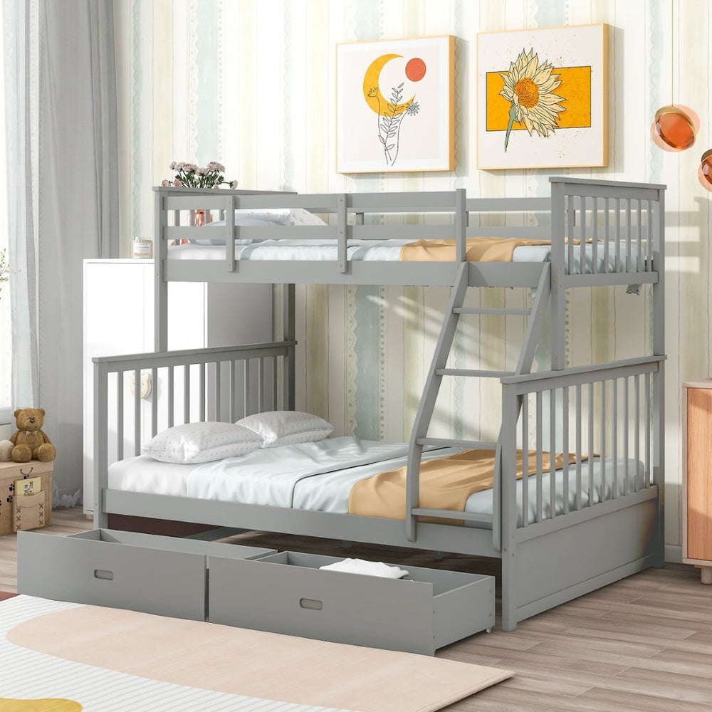 English Elm Twin Over Full Bunk Bed With Storage Drawers – Stylish Gray Wooden Bed With Safety Rails & Ladder K495S00001-GIGA