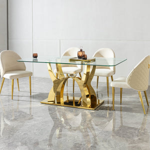 English Elm Luxury Gold Pvd Steel Rectangular Dining Table with Black Tempered Glass Seats Six W2723S00084