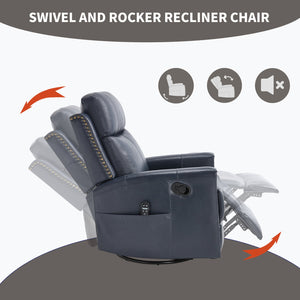 English Elm Blue Genuine Leather Rocker Swivel Recliner with Massage Heat for Living Room W1803P323714