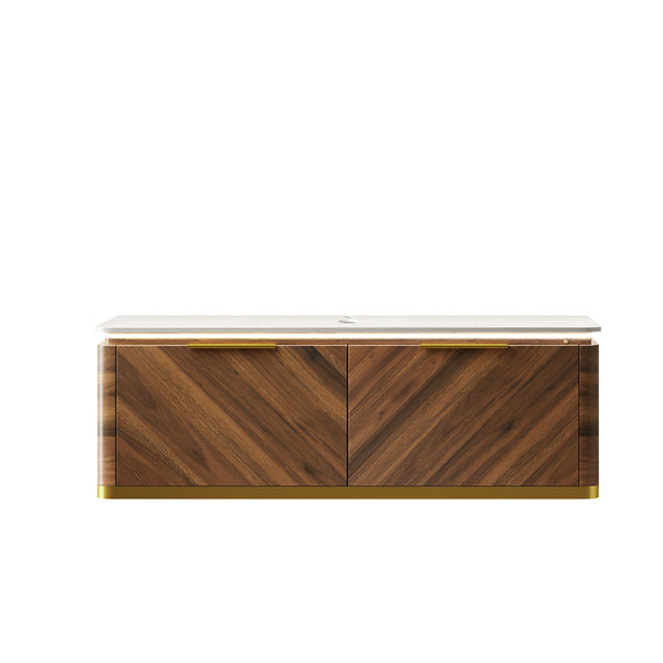 English Elm 48" Sintered Stone Countertop Vanity Base Brown Oak Cabinet Brushed Gold Handles W2615P330747