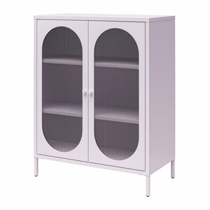 English Elm Luna Short 2-Door Metal Accent Cabinet with Oval Fluted Glass Doors, 3 Shelves, Modern Storage Solution B2733P385746