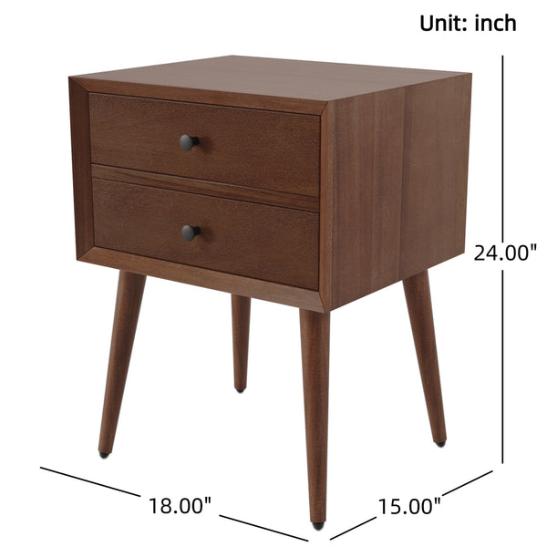 English Elm Christopher Knight Home® - Nightstand with 2 Drawers Mid-Century Acacia Wood, Splayed Legs, Brass Hardware, Easy-Glide Storage Brown 20.5 L x 17.5 W x 14.75 H N761P180219M