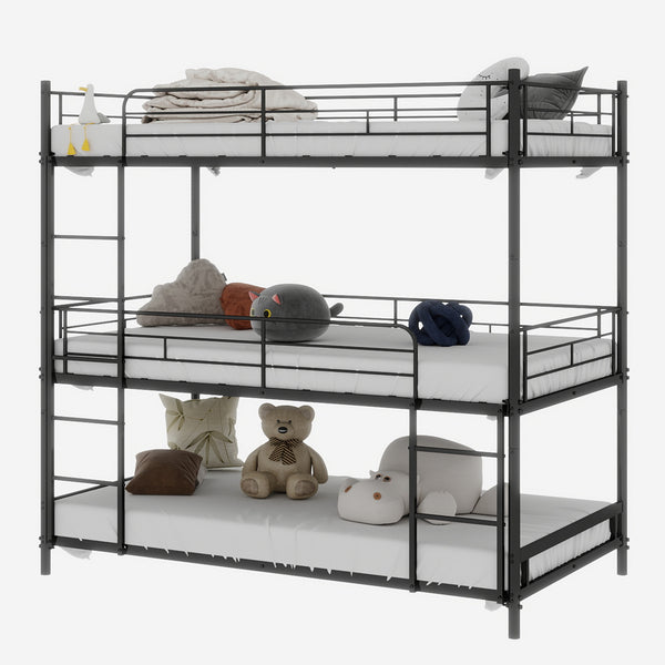 English Elm Heavy-duty triple bunk bed frame with built-in ladder, full guardrails, metal slats, space-saving design Black W1935P330699